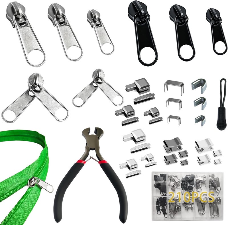 Vintex 210 Pcs Zipper Repair Kit with Replacement Sliders, #3#5#8 Metal Zipper Pull Replacement Kit with Install Plier for Jackets, Coats, Tents, Backpacks, Sleeping Bags, and Luggage - Image 1